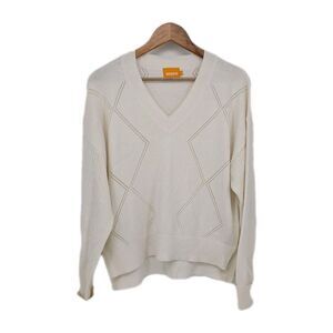 Wispr V Neck Sweater Women's Medium White Cotton Silk Geometric Brodie Spring